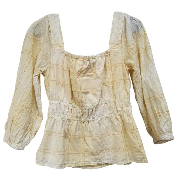 Free Assembly 3/4 Sleeve Square Neck Top Peplum Hem Cadmium Yellow Plaid Size XS - Picture 5 of 10